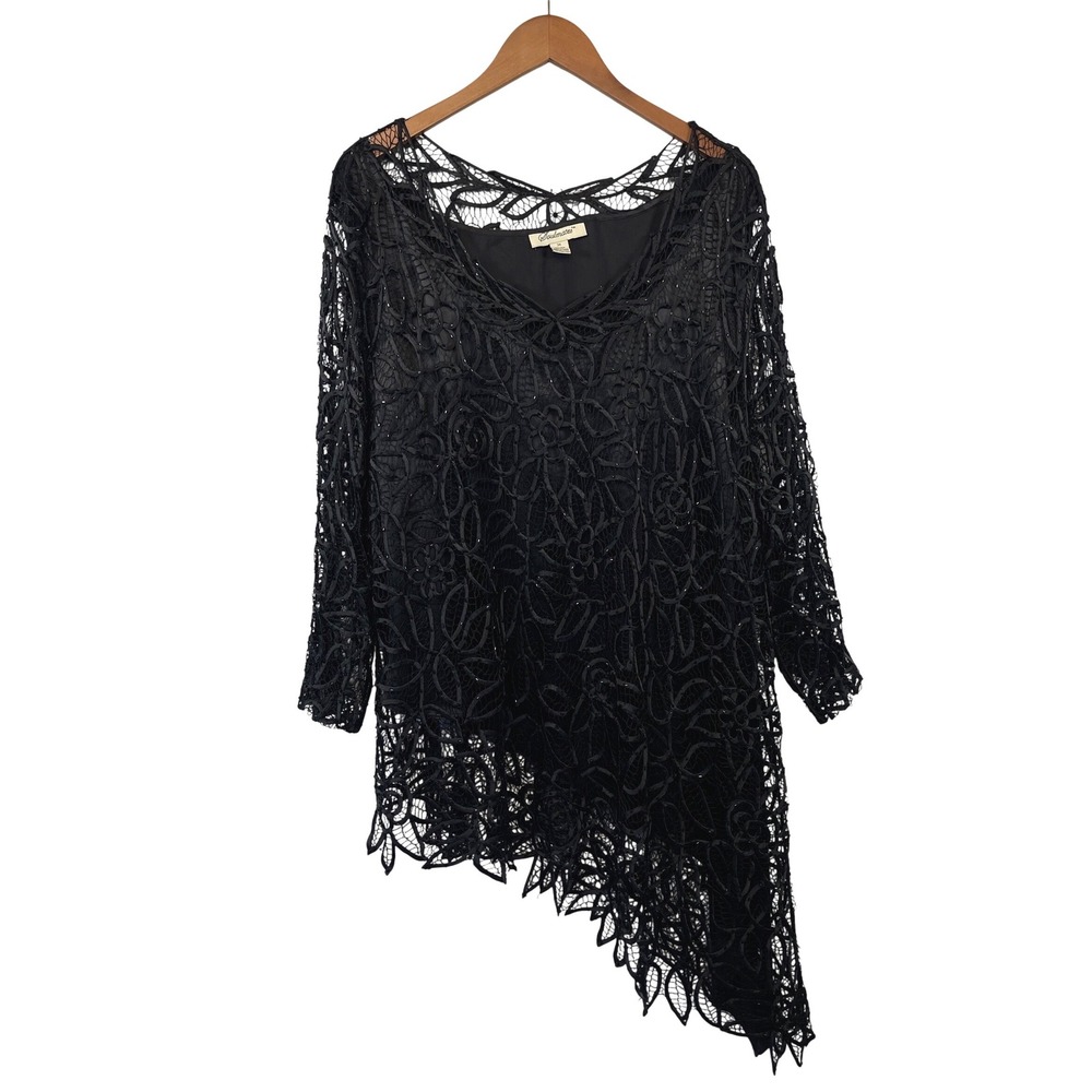 VTG Soulmates 100% Silk Lace Beaded Asymmetric Top 3X Black Whimsy Luxury Formal